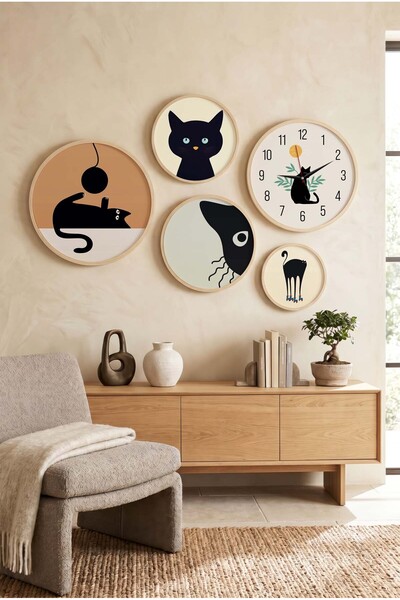 Zevahir Mobilya Dekorasyon 5 Parça Yuvarlak Ahşap Çerçeveli Minimalist Siyah ...
