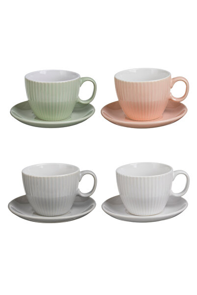 Zumzeria Set of 4 Pastel Colored Ceramic Coffee Mugs with Saucers 210ml