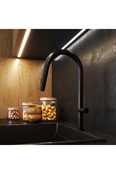Granitan Baterie Bucatarie Vaya, Neagra, Dus Extractibil, 455mm
