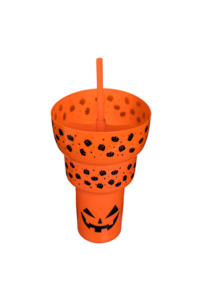 Zumzeria Popcorn Drink Cup Orange with Black Pumpkins & Straw Ø14.5x22.5cm
