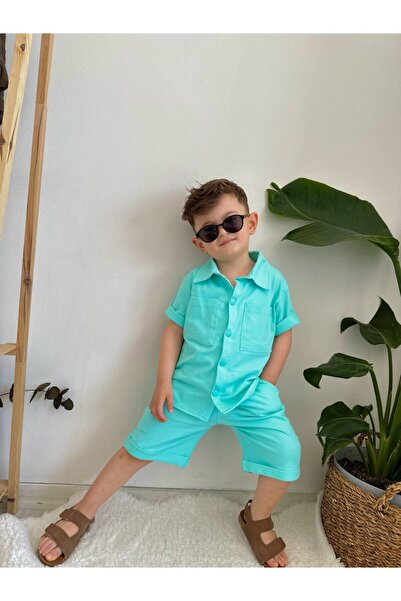 Jannock Boy's Beige Double Pocket Short-Sleeved Shirt and Shorts 2-Piece Summ...