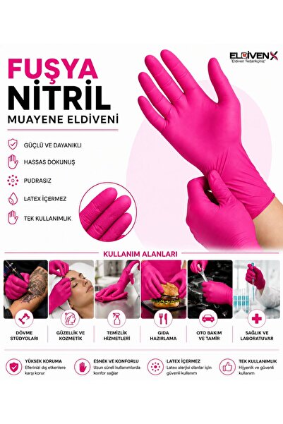 Medicalx Fuşya Pembe Nitril Muayene Eldiveni Pudrasız 100 Adet Small (S) Bede...