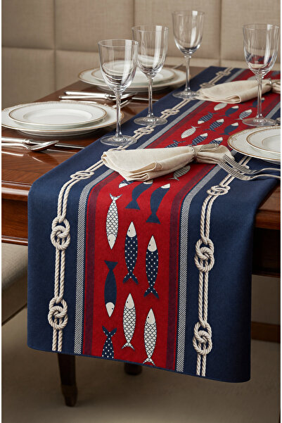 CANİLA MARİNE Deniz Temalı Lacivert Detaylı Runner 45 x 145 Cm Masa Runner
