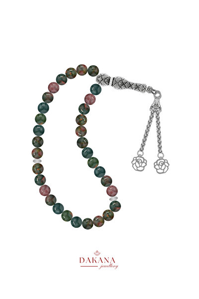 DAKANA JEWELLERY Certified 8 mm Bloodstone Lotus Flower Steel Tassel Natural ...