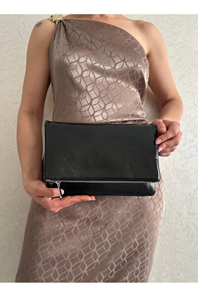 she poly Γυναικεία δερμάτινη μαύρη τσάντα χειρός Clutch Portfolio