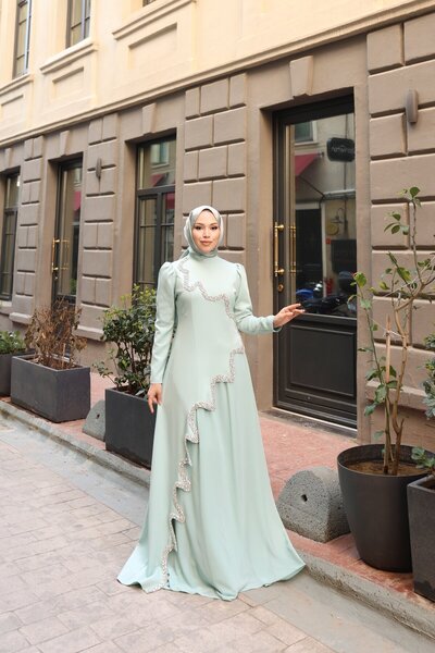 Kalemen Moda Perin Taş Detay Etekli Abiye 8061 Mint