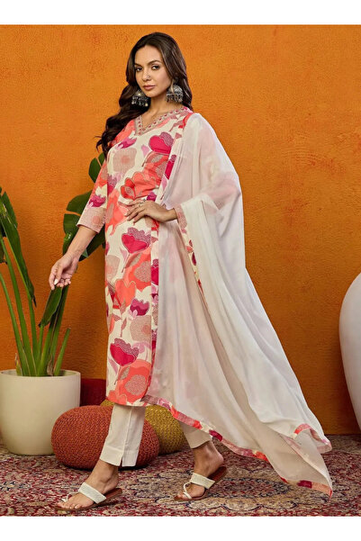 DESIQLO By Styli طقم كورتا قطني أبيض مزين بالزهور مع سروال ودوباتا