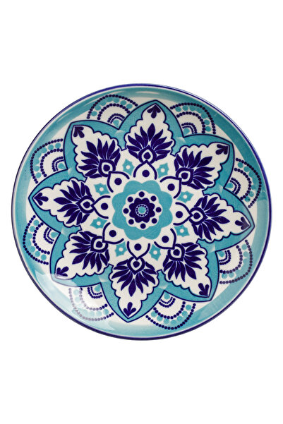 Zumzeria White Porcelain Plate with Turquoise Blue Tribal Pattern for Dessert...