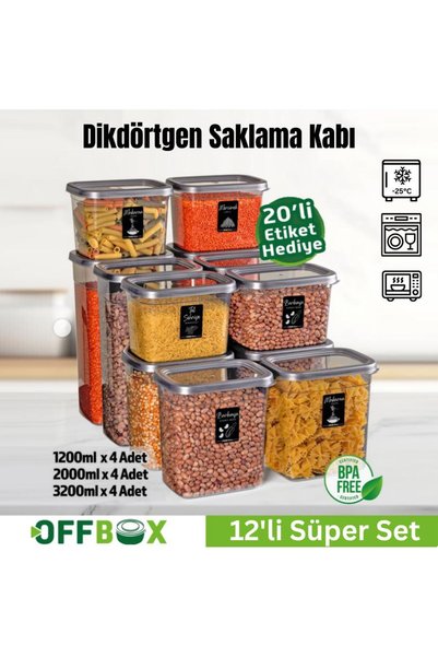 OFFBOX Dikdörtgen Bakliyat Baharat Gıda Saklama Kabı - 3 Çeşit - 12 Adet