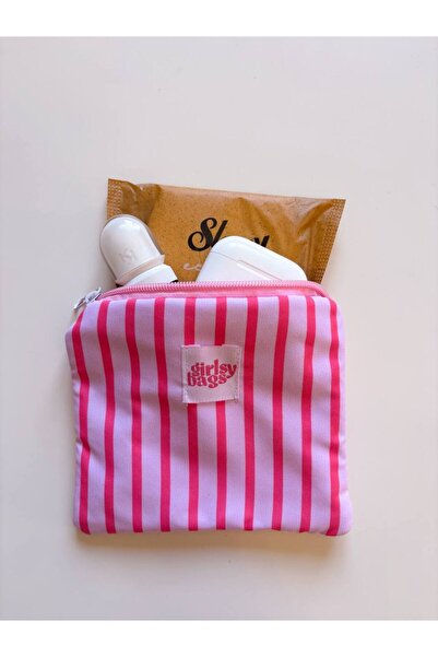 girlsybags Pembe Çizgili Mini Bozuk Para Cüzdanı, Sıvı Geçirmez Ped Çantası, ...