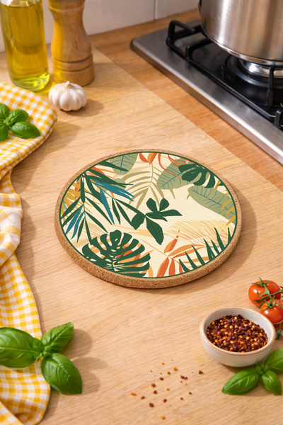 iyi fikirler Suport pentru oală/tigaie din plută cu model frunze tropicale, d...