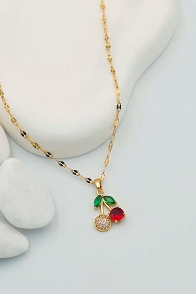 THE Steel Women's Gold Steel Cherry Pendant Necklace with Zircon Stone and Colorful Pendant