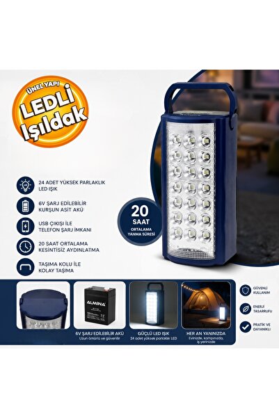 ALMİNA DL-2424 Şarj Edilebilen 24 Ledli Işıldak 6V Şarj Edilebilir Akü Fener