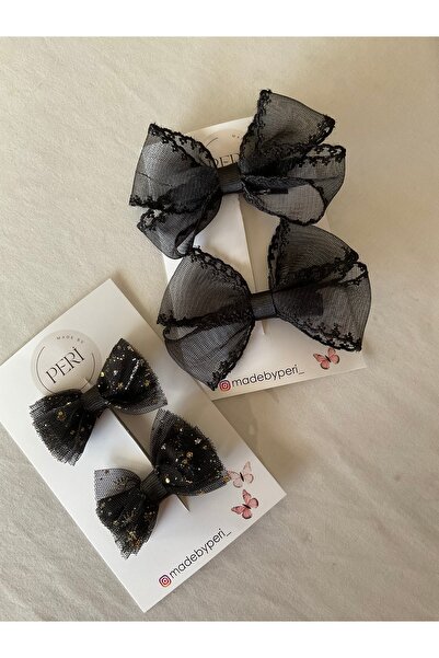 MADE BY PERİ Set of 4 Black Scalloped Tulle and Glitter Bow Clips - Mother-Da...