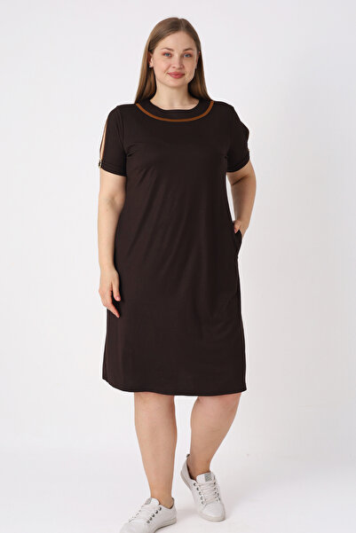 İntensive Women's Plus Size Brown Short Sleeve Lycra Dress with Pockets and R...