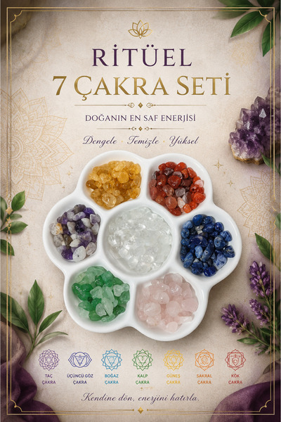 Misse 7 Çakra Doğal Taş Seti Özel Kaideli Ritüel ve Meditasyon Taşları