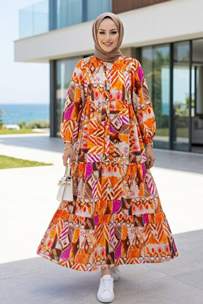 Hb Harma Time Butik Women's Buttoned Floral Patterned Orange Modal Dress