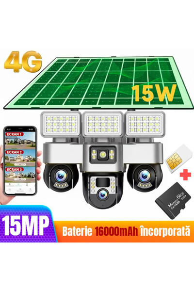 VeeShop Cameră de supraveghere 4G SIM, Proiector LED, Panou LED 15W, 3 camere...