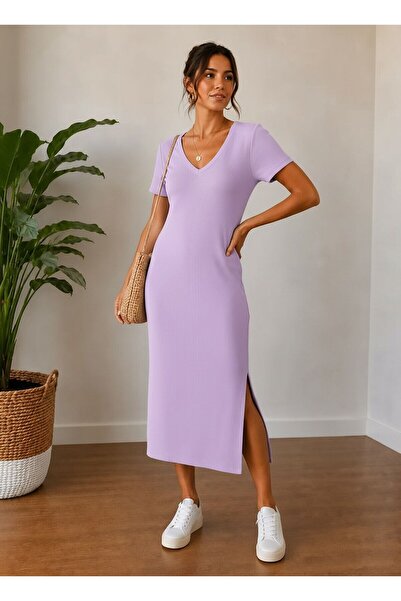 MAMAYAGA Women's V-Neck Short Sleeve Midi Length Ribbed Slit Summer Camisole ...
