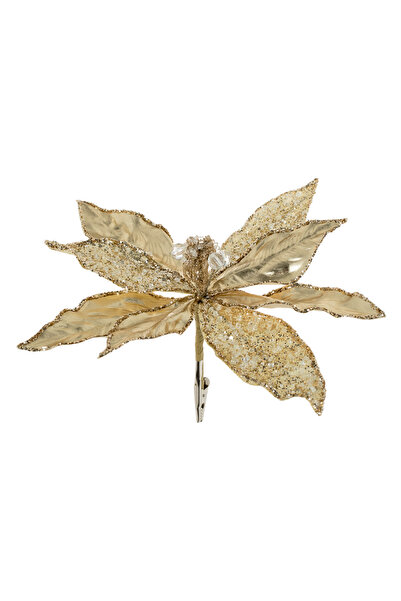 OEM Floare de Crăciun aurie, strălucitoare, înghețată, cu cleme, 27cm
