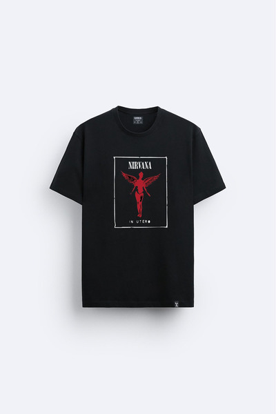AYDESİGN Tricou negru cu imprimeu Nirvana, cu gât tip crew neck