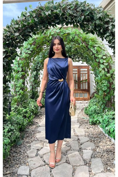 Nida Boutique Zero Sleeve Waist Draped Satin Dress with Accessories