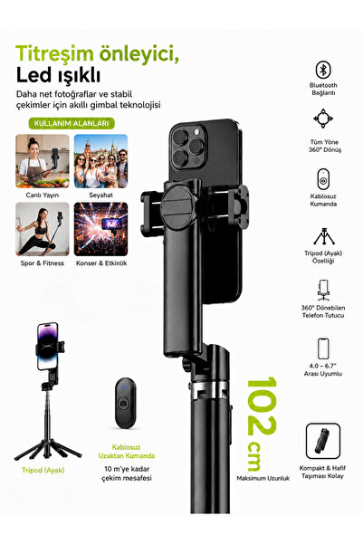 DEANB 450mAh Akıllı Gimbal Tripod Bluetooth Selfie Çubuğu LED Işıklı Titreşim...