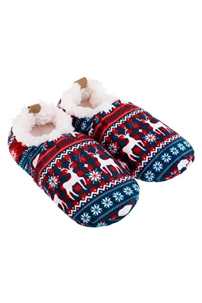 Zumzeria Red Christmas Slippers with Blue Checkered Reindeers for Men