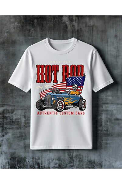 COMVİCHO تي شيرت مطبوع عليه hot rod drag race مقاس كبير
