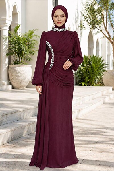 TRENDTESETTÜR KADIN BORDO DRAPE DETAYLI ABİYE ELBİSE T 9663