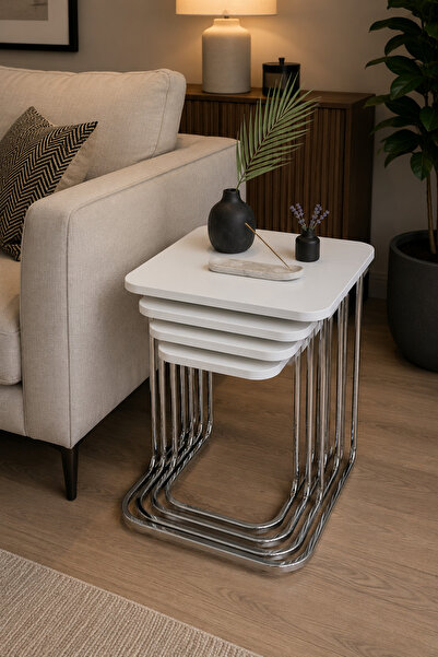 MervishDecor 4’lü Krom Metal Beyaz Zigon Sehpa & Yan Sehpa Takımı – Modern De...