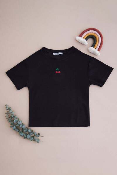 Fulla Moda Tricou pentru fete, modal, cu guler rotund, brodat cu cireșe