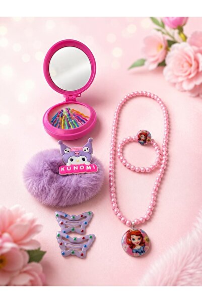 icha Kız Çocuk Pembe Takı Seti Ayna Toka Kolye Bileklik Kuromi Peluş Toka Pre...