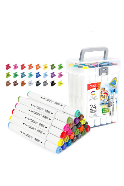 Deli SET OF 24 SKETCHING MARKERS WITH DOUBLE TIP: ROUND 1MM / CHISEL 7MM, PLA...