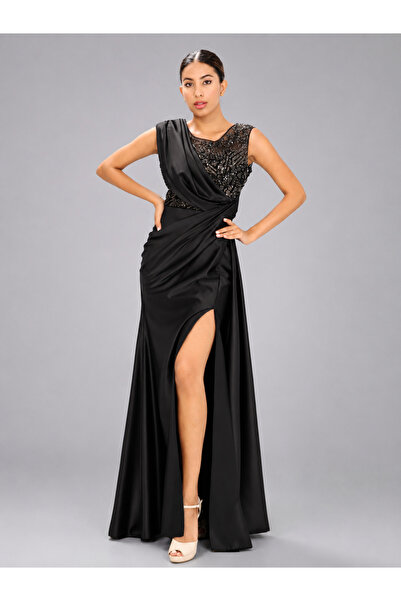 Maxra Govana Women's Black Stone Embellished Draped Long Evening Dress with S...