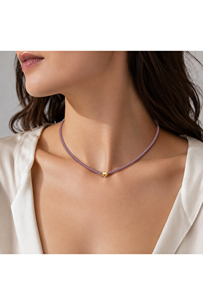By Pink Accessories Lila Boncuklu Gold Kalp Detaylı Minimal Kadın Kolye