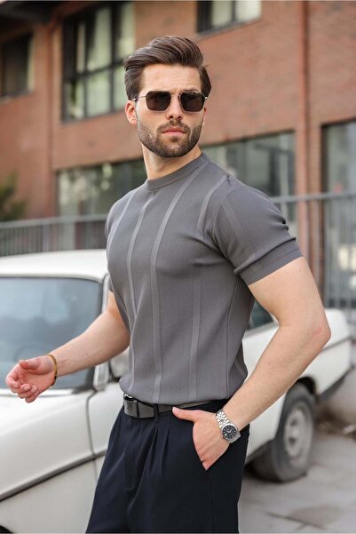 Madmext Anthracite Regular Fit Crew Neck Ribbed Knitwear Men's T-Shirt E7490