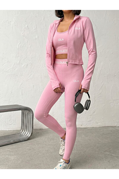 TrendButikBurada Women's 3-Piece Sports Set - Zip-Up Crop Jacket, Bustier, an...