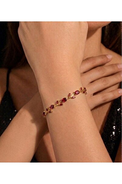 Melisa Takı & Aksesuar 316L Steel Gold Color Red Stone Flowering Ivy Bracelet...