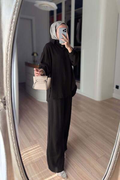 Ka Hijab Casual Shirt and Pants Two-Piece Set - Black