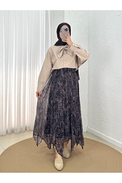 MİHRA STORE Vaha Patterned Asymmetrical Chiffon Skirt-Fa1077.3 Brown