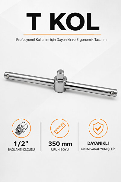 Badem10 Profesyonel T Kol Anahtar El Aleti 1/2 350 MM Lokma Aparatı Güçlü Çel...