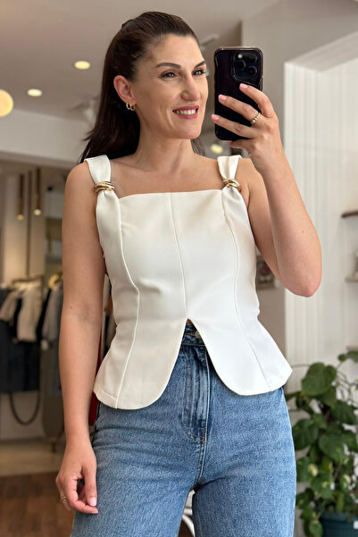 Unique Boutique Ecru Gold Buckle Detailed Crepe Fabric Blouse