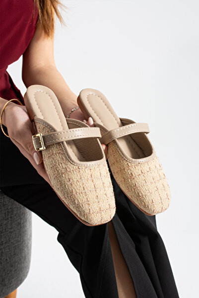 star shoes Beige tweed fabric women's slippers - stylish buckled soft sole ev...