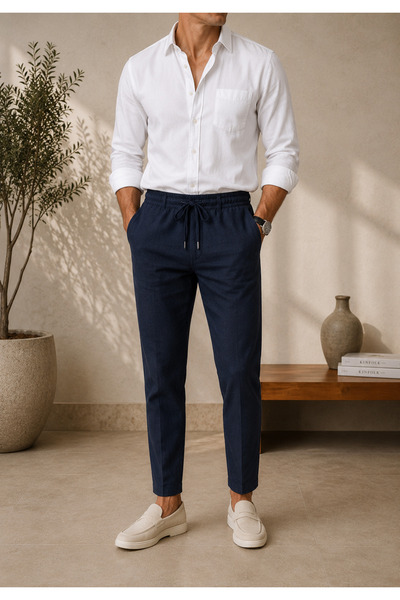 çerme Premium Men's Adjustable Waist Relaxed Fit 100% Linen Cotton Trousers