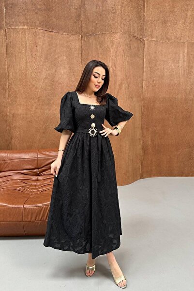 ozelia Black Balloon Sleeve Three-Button Belt Detailed Dress