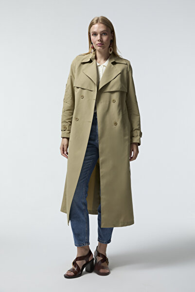 Zühre Double-Breasted Collar Belted Green Trench Coat 14054