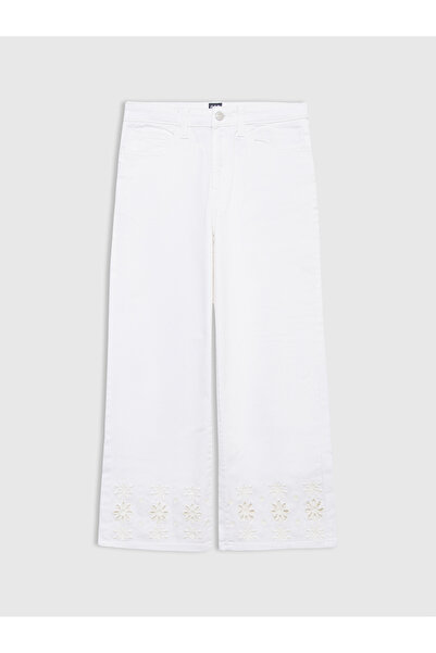 GAP Kız Çocuk Beyaz Wide-Leg Dantel İşlemeli Pantolon