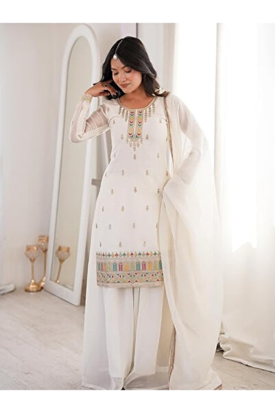 MYSMAR White Crunchy Silk Embroidered Sharara Set with Dupatta - HRT7518 | White