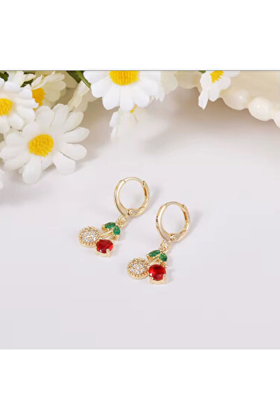 Ustaeller Crystal Earrings with Gold and Red Stone, Cherry Model Earrings